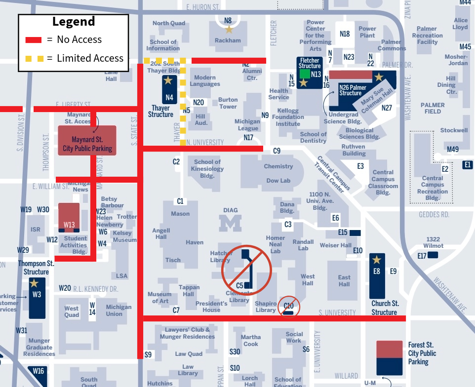 Map of Central Campus, showing closed lots C5 and C10, as well as road closures throughout Central Campus. 