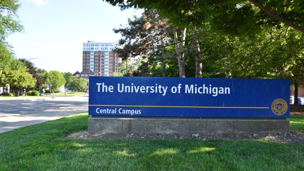 Blue camps marker with "The University of Michigan - Central Campus" written upon it.