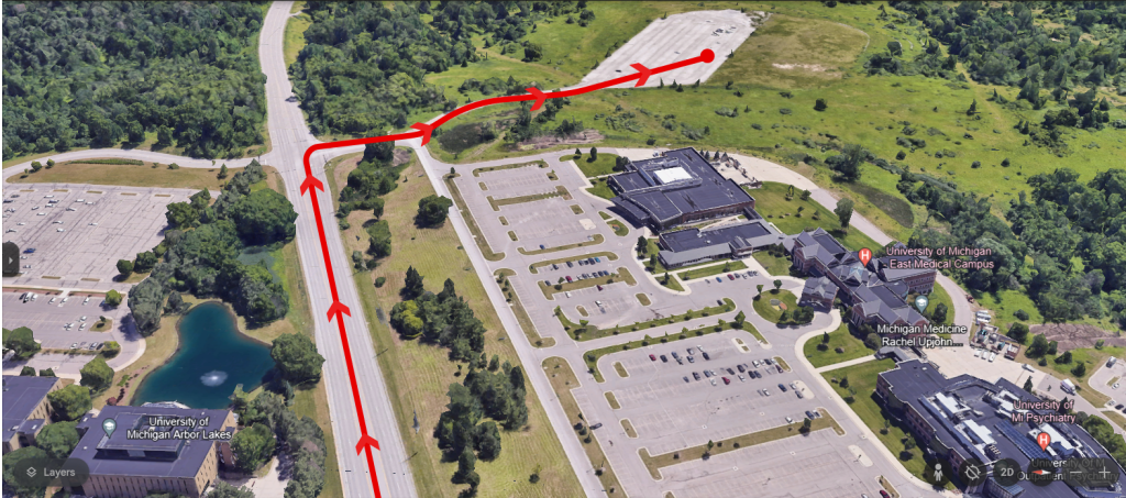 Map showing East Medical Campus with red arrows down Plymouth road, then turning on Kiefer and parking in the gravel lot to the rear of East Medical Campus