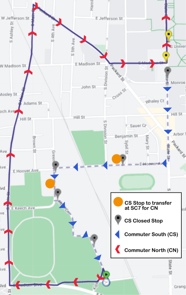Commuter South Map of Ross Athletic Campus showing closed stops and transfer in SC7 lot for Commuter North to get back up to Central Campus