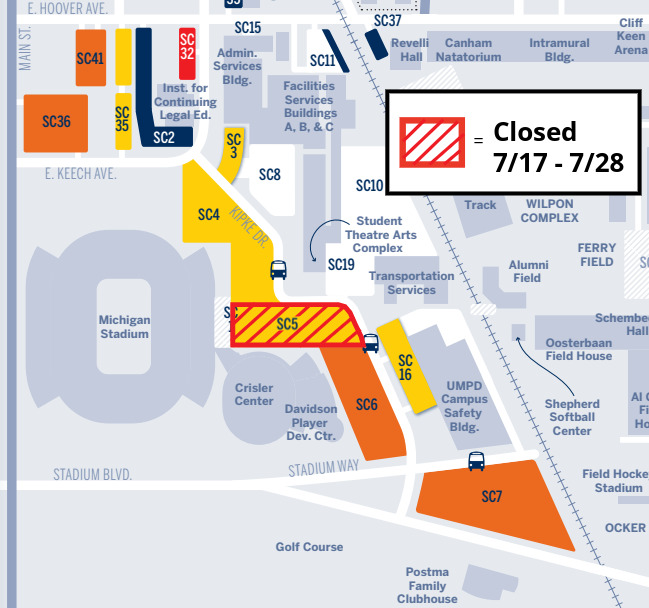 Parking map showing SC5 close 7/17 - 7/28