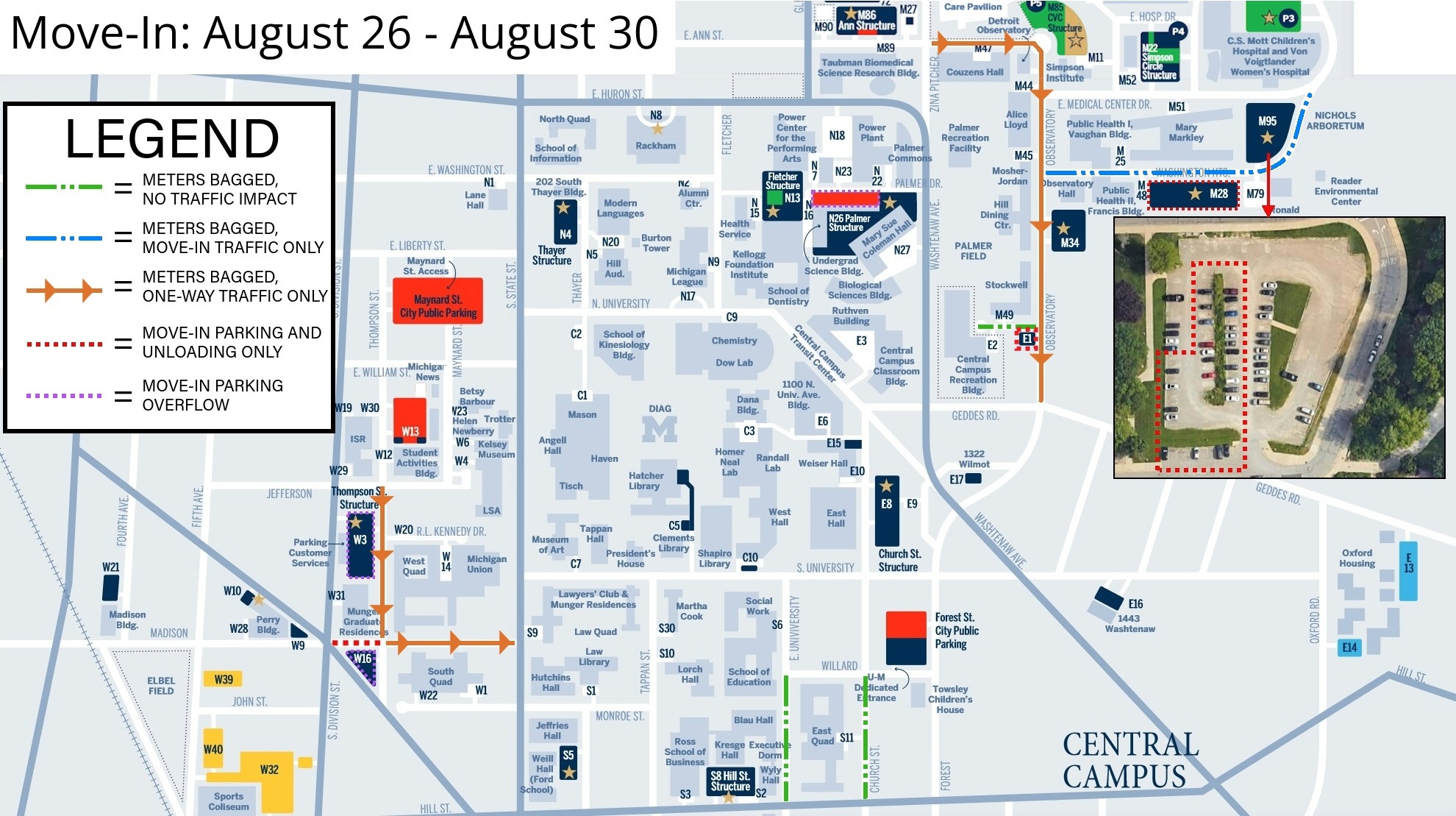 Map showing university lots on Central Campus and Medical Campus that will be impacted Wednesday, August 26 through Sunday, August 30.