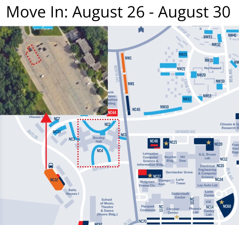 Map showing university lots on North Campus that will be impacted Wednesday, August 26 through Sunday, August 30.
