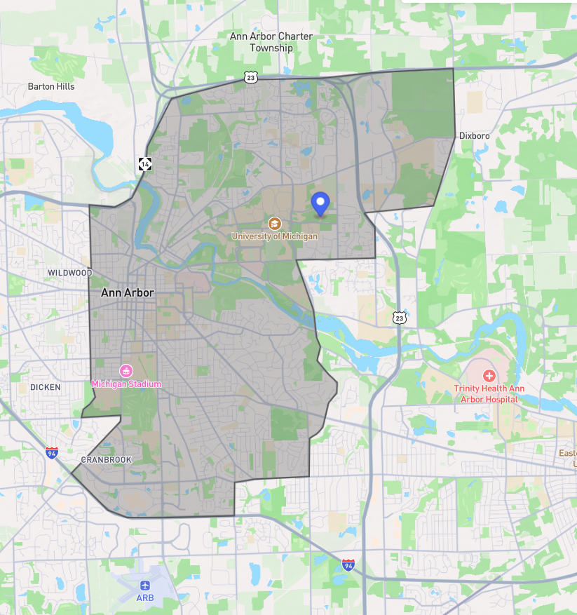Snip of fence Coverage area map of Ann Arbor region for Night Owl Rides program