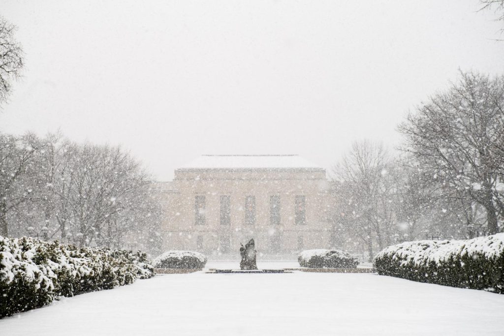 Snowing on campus mall