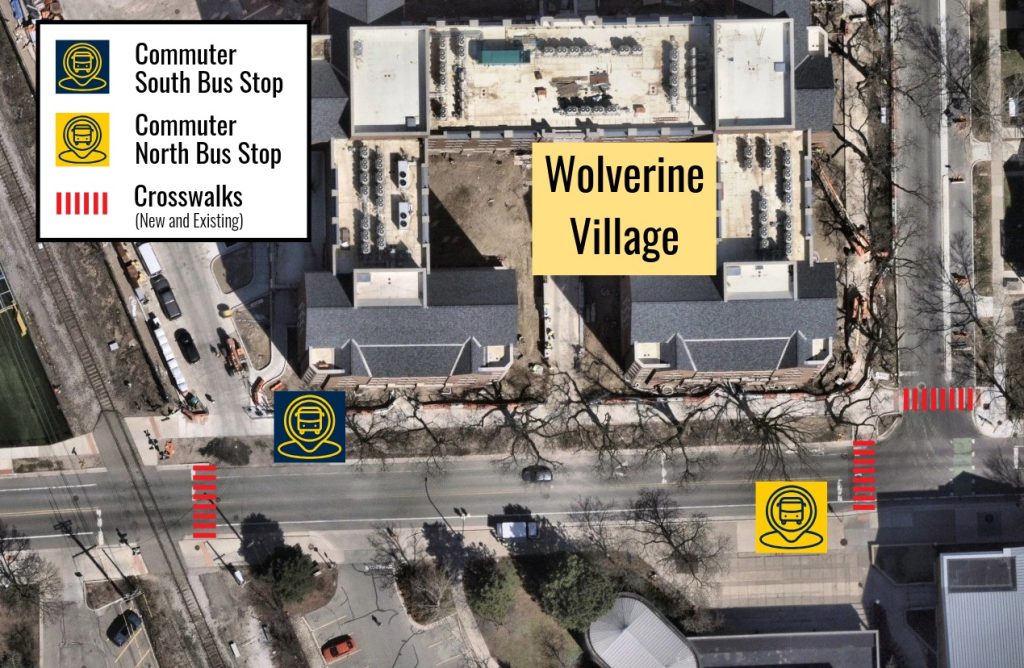 New bus stops and crosswalks shown on E. Hoover Avenue, south of Wolverine Village. Commuter North stop is on the south side of Hoover, near S. Division. Commuter South stop is on the north side of Hoover, near the railroad tracks and service drive.