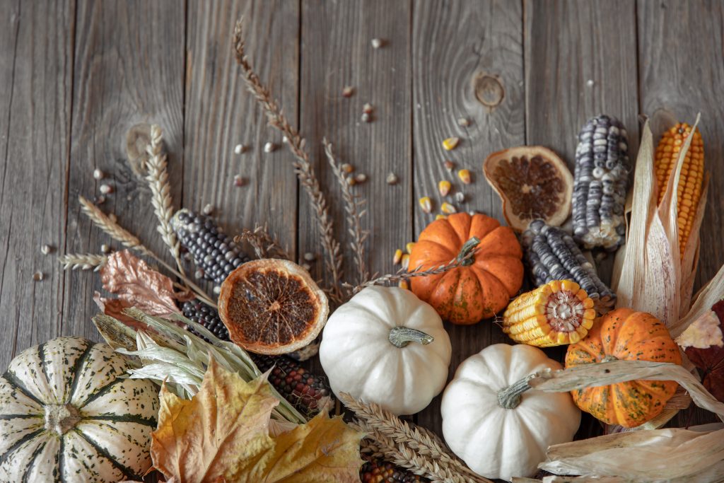 wooden table top filled with maize, mini pumpkins, wheat, fall leaves, various gourds, and dried orange slices.