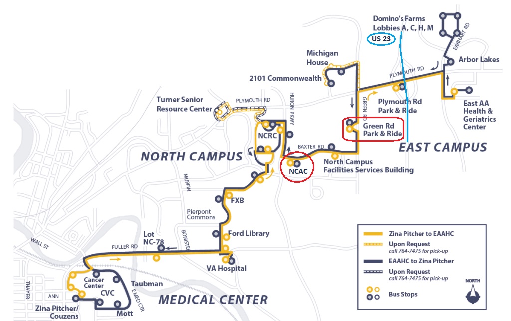 Map showing North-East Shuttle, with NCAC and Green Rd. Park & Ride stops circled